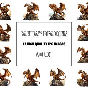 Fantasy Dragons Clipart - Digital Art - 12 High Quality JPG Images - Wall Art - White Background - Commercial Use - Digital Download