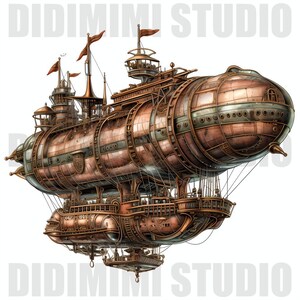 Pu&ograve; includere: Un grande dirigibile steampunk riccamente dettagliato con pi&ugrave; ponti, un corpo principale in rame di grandi dimensioni e numerosi scomparti pi&ugrave; piccoli, rotondi e in rame. Il dirigibile ha un corpo principale grande, rotondo e in rame con un naso appuntito e una serie di scomparti pi&ugrave; piccoli, rotondi e in rame attaccati alla parte inferiore. Il dirigibile &egrave; sospeso da una serie di corde e cavi.