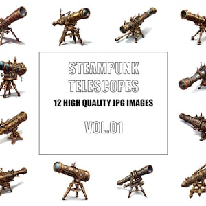 Steampunk Telescopes Clipart - Digital Art - 12 High Quality JPG Images - Wall Art - White Background - Commercial Use - Digital Download