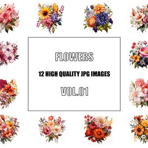 Beautiful Flowers Clipart - Digital Art - 12 High Quality JPG Images - Wall Art - White Background - Commercial Use - Digital Download