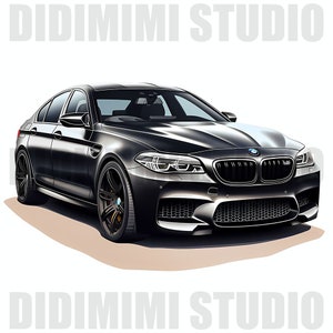 May include: A black BMW M5 sedan with a black grille and black wheels. The car is parked on a light brown surface.