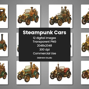 Steampunk Cars Clipart PNG Set of 12 - High Quality 300dpi Transparent Background Digital Download Commercial Use