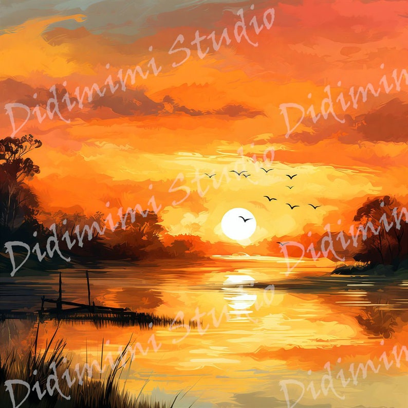 Pode incluir: Uma pintura de um p&ocirc;r do sol sobre um lago com uma silhueta de &aacute;rvores e p&aacute;ssaros voando no c&eacute;u. O c&eacute;u &eacute; de um laranja e amarelo vibrantes, com algumas nuvens. O lago &eacute; uma superf&iacute;cie calma e reflexiva, refletindo as cores do c&eacute;u.