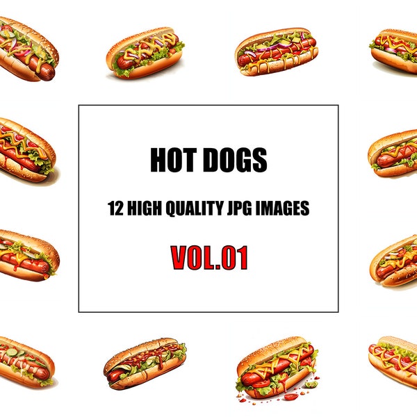 Hot Dogs Clipart - Digital Art - 12 High Quality JPG Images - Wall Art - White Background - Commercial Use - Digital Download