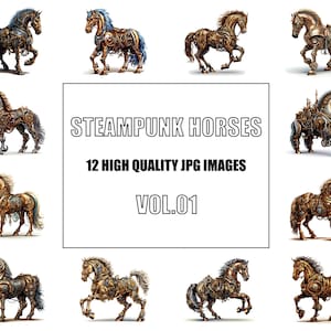 Steampunk Horses Clipart - Digital Art - 12 High Quality JPG Images - Wall Art - White Background - Commercial Use - Digital Download