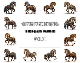 Clipart chevaux steampunk - art numérique - 12 images JPG de haute qualité - art mural - fond blanc - usage Commercial - téléchargement numérique