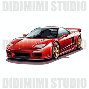 May include: A red Honda NSX sports car with a black roof and gold wheels. The car is facing the camera and has a sleek, aerodynamic design.