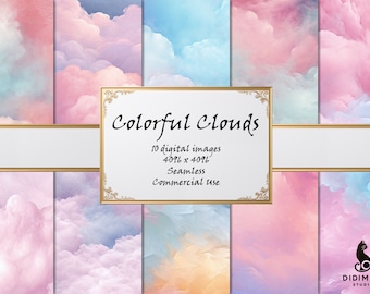 Papel Digital com Nuvens Coloridas | Texturas Abstratas do Céu Sem Emendas | 10 Padrões para Uso Comercial