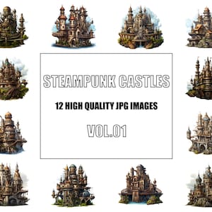 Steampunk Castles Clipart - Digital Art - 12 High Quality JPG Images - Wall Art - White Background - Commercial Use - Digital Download