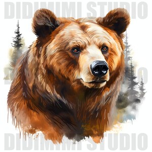 Puede incluir: Un retrato de cerca de un oso pardo, realizado en un estilo suave, como de acuarela. El pelaje del oso est&aacute; detallado con tonos marrones y anaranjados, y sus ojos son de un marr&oacute;n intenso. El fondo es un lavado de acuarela borroso de azul y verde, lo que sugiere un entorno boscoso.