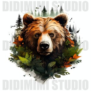 Puede incluir: La cara de un oso pardo est&aacute; rodeada de exuberante follaje verde y hojas naranjas. El pelaje del oso est&aacute; detallado con tonos marrones y negros. El fondo es una imagen borrosa de un bosque.