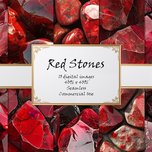 May include: A digital image showcasing a collage of red stones with diverse textures and forms. The image includes a banner with the text "Red Stones" and details about the digital images, including "10 digital images 4096 x 4096 Seamless Commercial use."