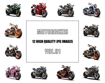 Motorbikes Clipart - Digital Art - 12 High Quality JPG Images - Wall Art - White Background - Commercial Use - Digital Download