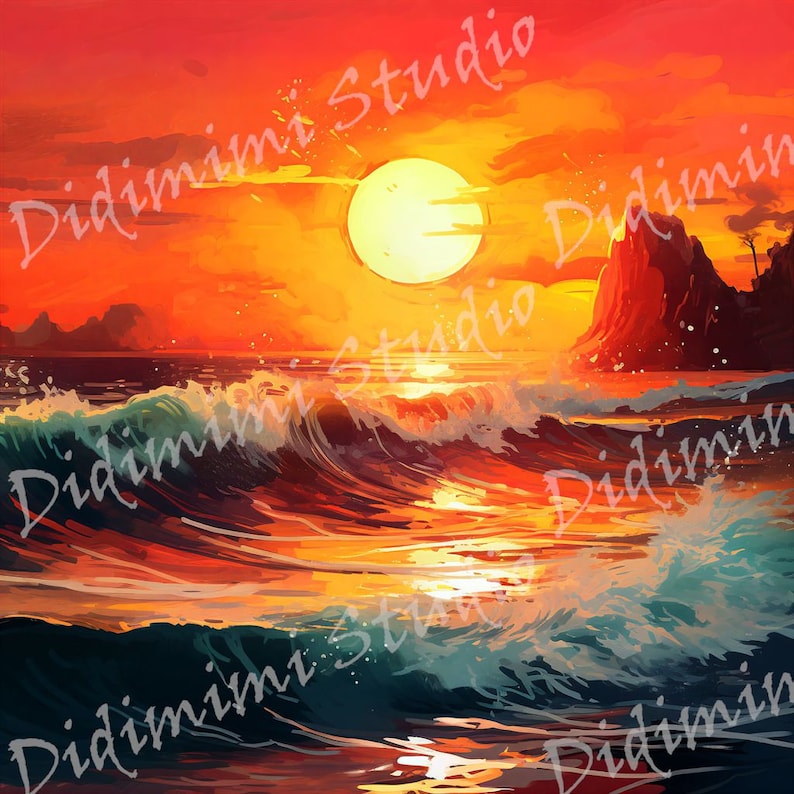 Pode incluir: Um p&ocirc;r do sol vibrante sobre um oceano calmo com um grande sol brilhante no c&eacute;u. A &aacute;gua &eacute; azul escura com ondas e o c&eacute;u &eacute; uma mistura de laranja, vermelho e amarelo.