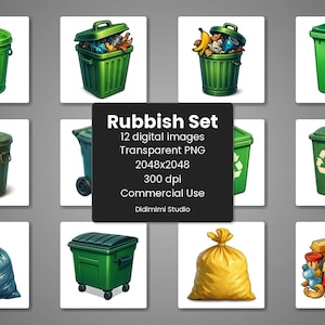 Prullenbak-clipart PNG | Kunst afvalrecycling van afval | 12-vaks png-bestand (300 dpi) Commercieel gebruik afbeelding 1
