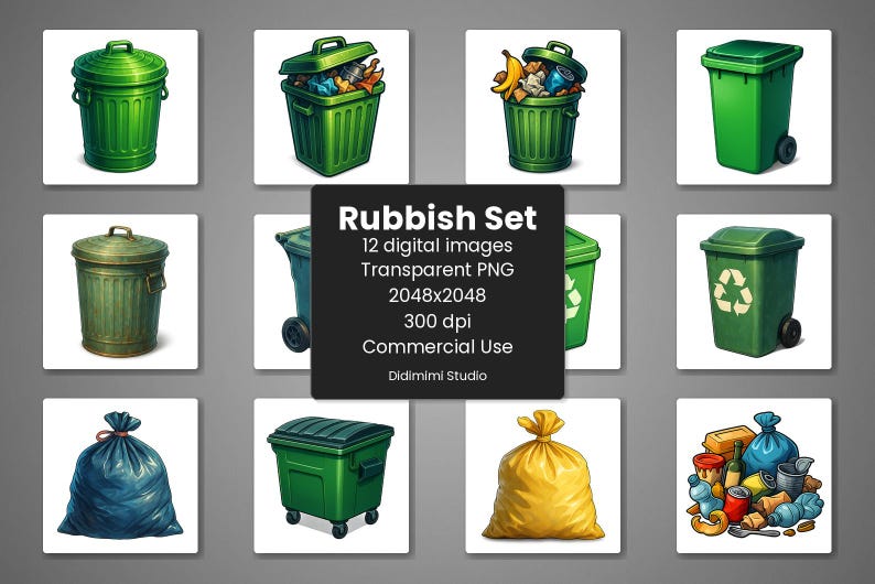 Prullenbak-clipart PNG | Kunst afvalrecycling van afval | 12-vaks png-bestand (300 dpi) Commercieel gebruik afbeelding 1