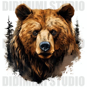 Puede incluir: Un retrato de cerca de un oso pardo con la nariz negra y los ojos oscuros. El pelaje del oso es detallado y texturizado, y el fondo es un efecto acuarela borroso de marr&oacute;n y negro.