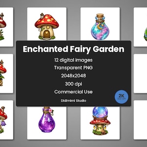 Op de afbeelding: Digitale kunstset "Enchanted Fairy Garden" met 12 afbeeldingen. De illustraties tonen paddenstoelhuizen, toverdrankflessen en toverstokken. De afbeeldingen zijn transparante PNG-bestanden, 2048x2048 pixels, 300 dpi. Commercieel gebruik is toegestaan.