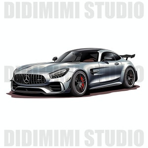 May include: A silver Mercedes-Benz AMG GT S sports car with black accents and red brake calipers. The car is shown in a side view with the driver's side facing the viewer.