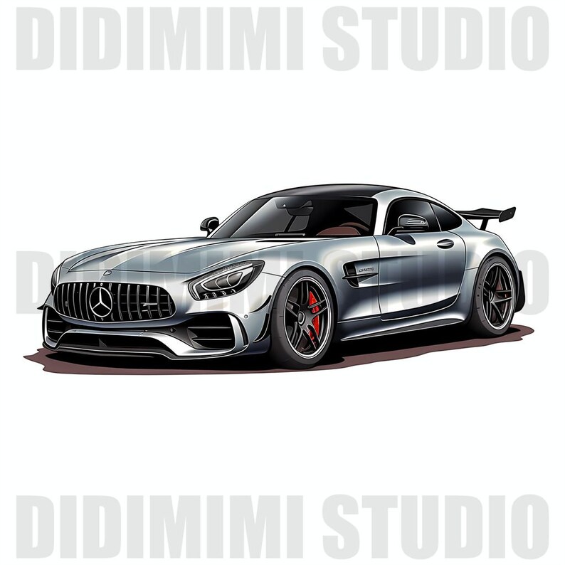 May include: A silver Mercedes-Benz AMG GT S sports car with black accents and red brake calipers. The car is shown in a side view with the driver's side facing the viewer.