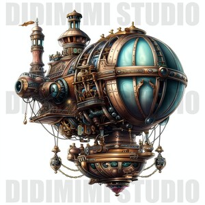 Pu&ograve; includere: Un dirigibile in stile steampunk con un grande pallone rotondo blu e rame, ingranaggi intricati e una piccola torre nella parte anteriore. Il dirigibile &egrave; sospeso da pi&ugrave; corde e ha una piccola piattaforma ornata sotto.