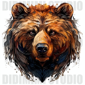 Puede incluir: Un primer plano de la cara de un oso pardo con un efecto de acuarela. El pelaje del oso es detallado y los ojos est&aacute;n enfocados en el espectador.