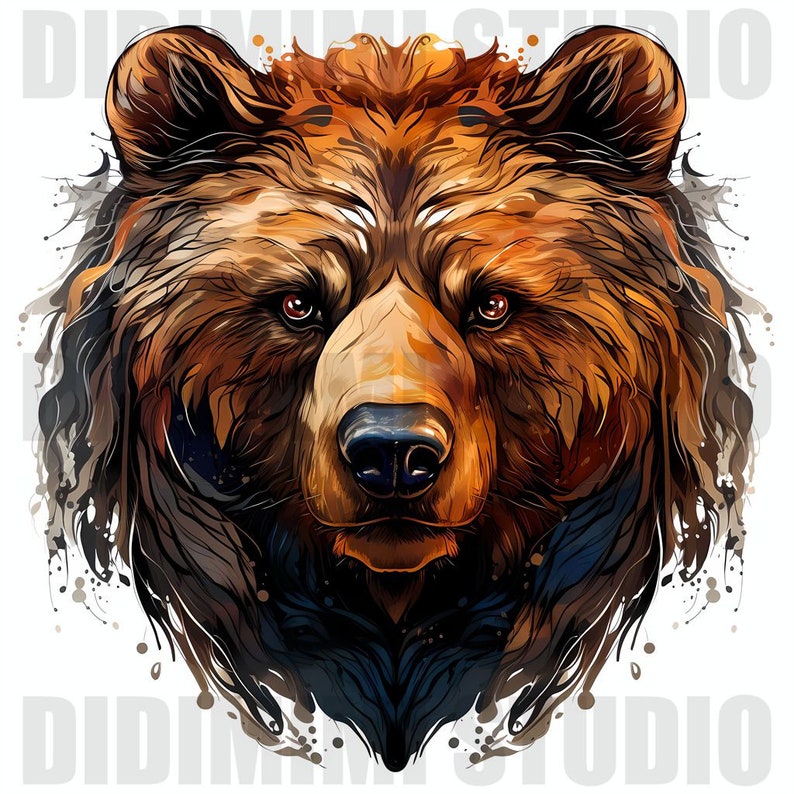 Puede incluir: Un primer plano de la cara de un oso pardo con un efecto de acuarela. El pelaje del oso es detallado y los ojos est&aacute;n enfocados en el espectador.