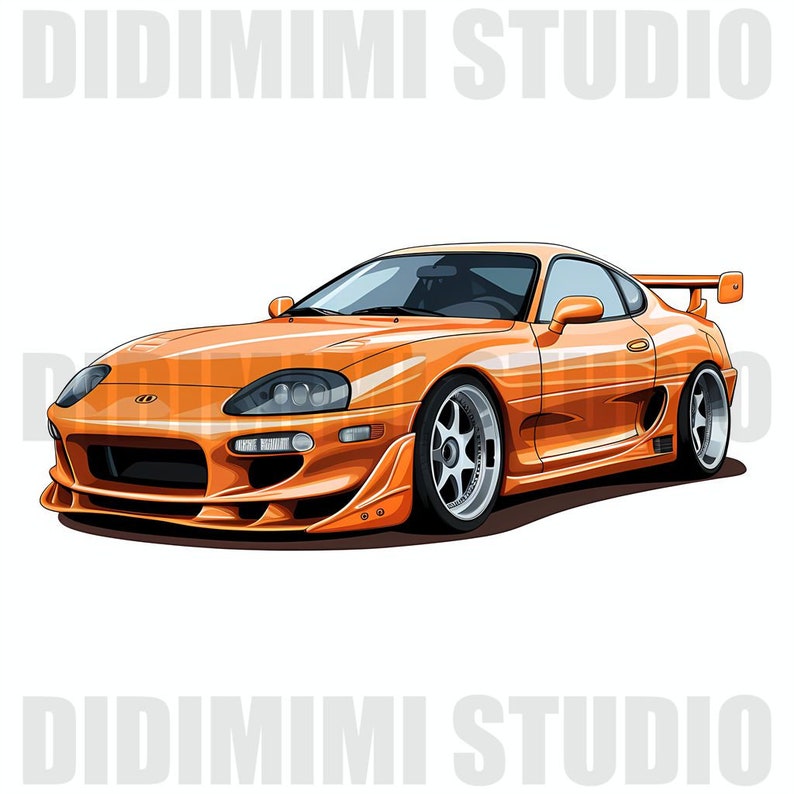 May include: A bright orange sports car with a black front bumper and black side skirts. The car has a large rear wing and black wheels with silver spokes.