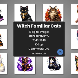 Könnte beinhalten: Eine Sammlung von 12 digitalen Bildern mit Illustrationen von Katzen im Hexen-Stil. Die Katzen sind in verschiedenen Posen und Stilen dargestellt, darunter eine schwarze Katze mit Glockenhalsband und eine getigerte Katze mit Herbstlaub.