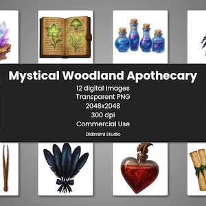 Op de afbeelding: Digitale afbeeldingen met mystieke apotheekelementen. Bevat een paarse kristalgroep, een open boek met botanische illustraties, blauwe toverdrankflessen, een bosje lavendel, een vijzel en stamper, een brandende kaars, een lepel, een druppelaar, een pincet, zwarte veren, een hartvormige toverdrankfles en rollen.