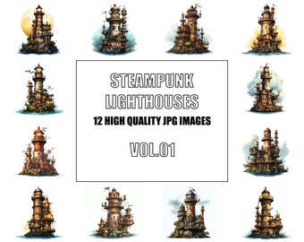 Steampunk Lighthouses Clipart - Art numérique - 12 images JPG de haute qualité - Art mural - Fond blanc - Utilisation commerciale - Téléchargement numérique