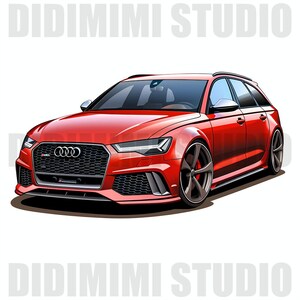 May include: A red Audi RS6 Avant with black wheels and a black grille. The car is shown from a front angle.