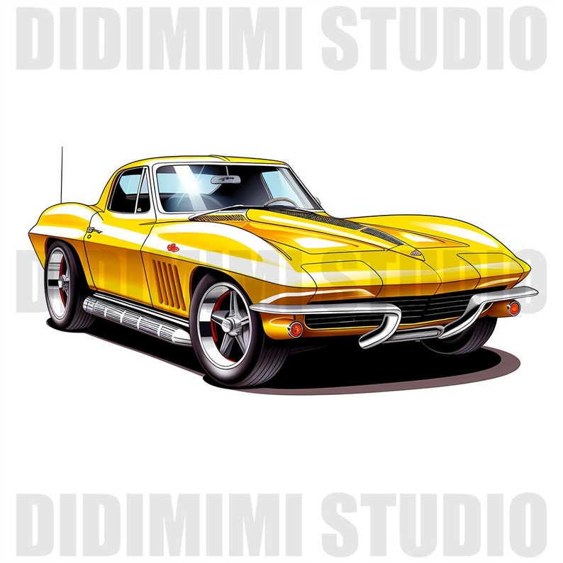 May include: A yellow 1967 Chevrolet Corvette Stingray coupe with white racing stripes. The car has a black interior and chrome bumpers.