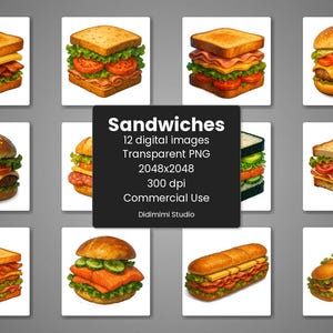 Sandwiches Clipart PNG - hohe Qualität 300 dpi, transparenter Hintergrund, Set von 12, kommerzielle Nutzung digitaler Download