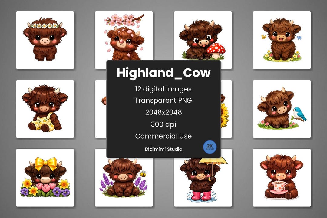 Highland Cow Clipart PNG Bundle | Baby Cow Sublimation | Commercial Use ...