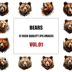 Puede incluir: Un collage digital de 12 im&aacute;genes de osos pardos. Los osos est&aacute;n representados en un estilo acuarela sobre un fondo blanco. El texto "BEARS" est&aacute; en negro en la parte superior del collage. Debajo del texto est&aacute; el texto "12 HIGH QUALITY JPG IMAGES" en negro. Debajo de eso est&aacute; el texto "VOL.01" en rojo.