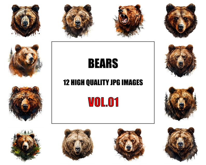 Puede incluir: Un collage digital de 12 im&aacute;genes de osos pardos. Los osos est&aacute;n representados en un estilo acuarela sobre un fondo blanco. El texto "BEARS" est&aacute; en negro en la parte superior del collage. Debajo del texto est&aacute; el texto "12 HIGH QUALITY JPG IMAGES" en negro. Debajo de eso est&aacute; el texto "VOL.01" en rojo.