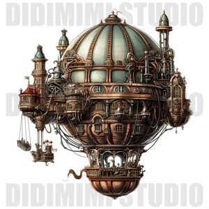 Pu&ograve; includere: Un'illustrazione dettagliata di un dirigibile steampunk con ingranaggi, tubi e finestre intricate. Il dirigibile ha un grande pallone rotondo di colore rame con un motivo a strisce verdi e marroni. Il dirigibile &egrave; circondato da una rete di cavi e corde.