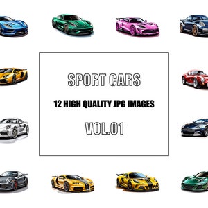Sport Cars Clipart - Vol 1 - Digital Art - 12 High Quality JPG Images - Wall Art - White Background - Commercial Use - Digital Download