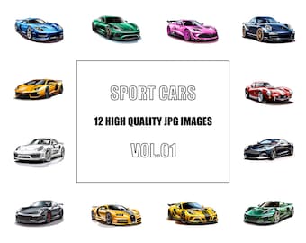 Sport Cars Clipart - Vol 1 - Digital Art - 12 High Quality JPG Images - Wall Art - White Background - Commercial Use - Digital Download