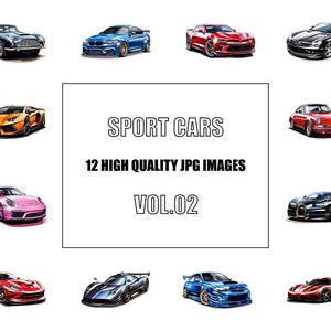 Sport Cars Clipart - Vol 2 - Digital Art - 12 High Quality JPG Images - Wall Art - White Background - Commercial Use - Digital Download