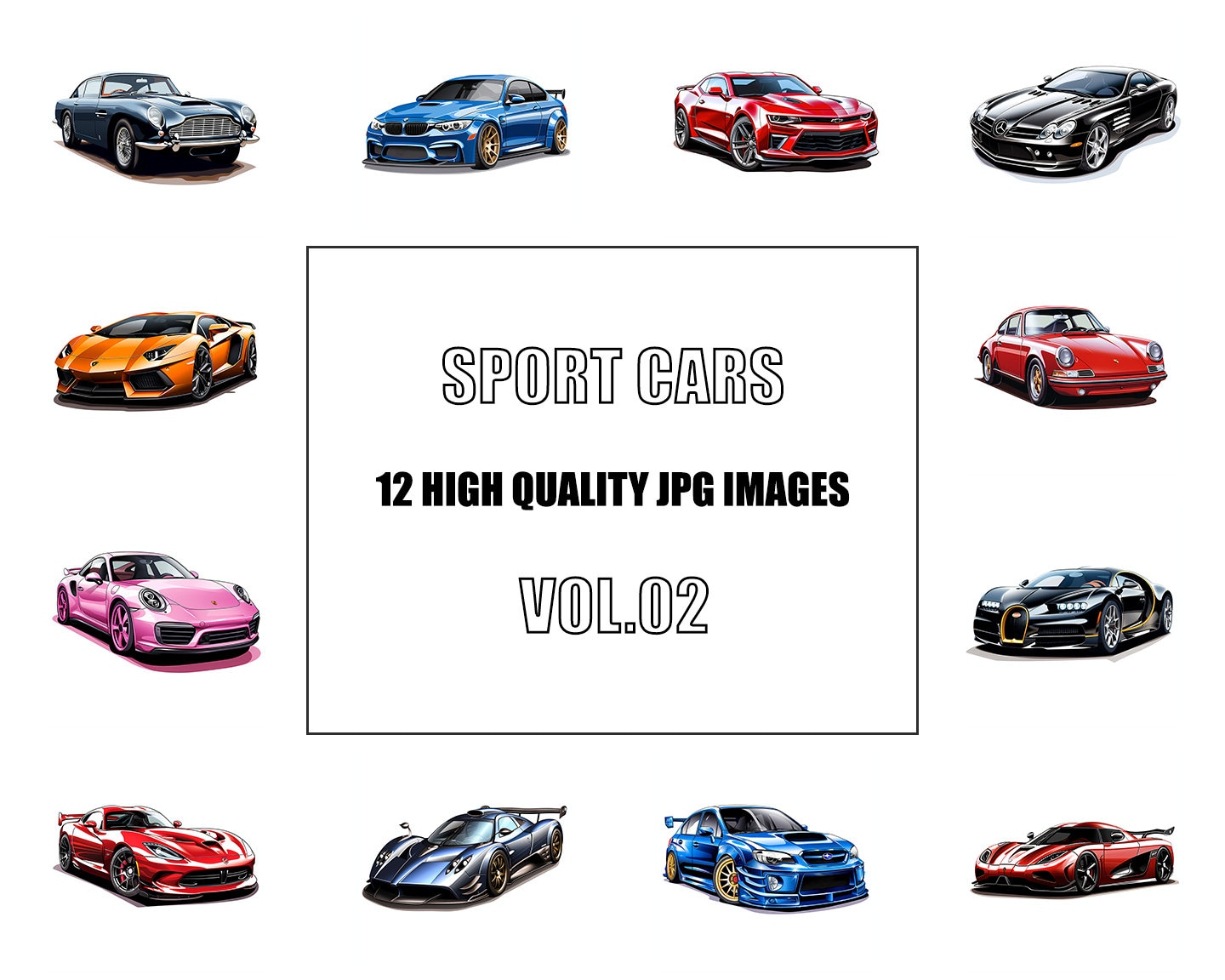 Sport Cars Clipart - Vol 2 - Digital Art - 12 High Quality JPG Images - Wall Art - White Background - Commercial Use - Digital Download