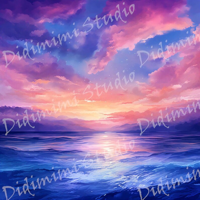 Pode incluir: Uma pintura digital de um p&ocirc;r do sol sobre um oceano calmo. O c&eacute;u &eacute; uma mistura de rosa, roxo e azul com nuvens brancas. O sol se p&otilde;e &agrave; dist&acirc;ncia, lan&ccedil;ando um brilho dourado sobre a &aacute;gua.