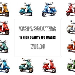 Vespa Scooters Clipart  - Digital Art - 12 High Quality JPG Images - Wall Art - White Background - Commercial Use - Digital Download