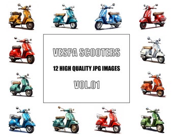 Vespa Scooters Clipart  - Digital Art - 12 High Quality JPG Images - Wall Art - White Background - Commercial Use - Digital Download