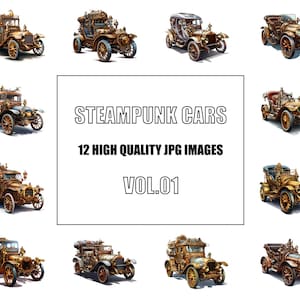 Steampunk Cars Clipart - Digital Art - 12 High Quality JPG Images - Wall Art - White Background - Commercial Use - Digital Download