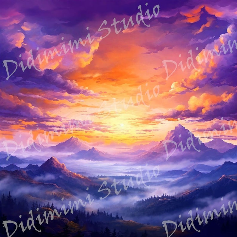 Pode incluir: Um p&ocirc;r do sol vibrante sobre uma cordilheira com um c&eacute;u nebuloso, roxo e nuvens laranja. O sol se p&otilde;e atr&aacute;s das monta&ntilde;as, lan&ccedil;ando um brilho quente sobre a paisagem.