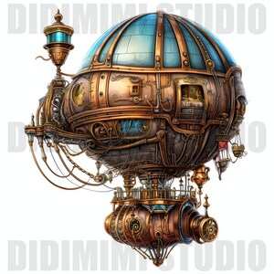Pu&ograve; includere: Un dirigibile in stile steampunk con un grande pallone rotondo di colore rame. Il pallone ha una parte superiore con un motivo blu e dorato ed &egrave; collegato a un complesso sistema di ingranaggi, tubi e fili. Il dirigibile ha una piccola cabina chiusa con finestre e una lanterna in cima.