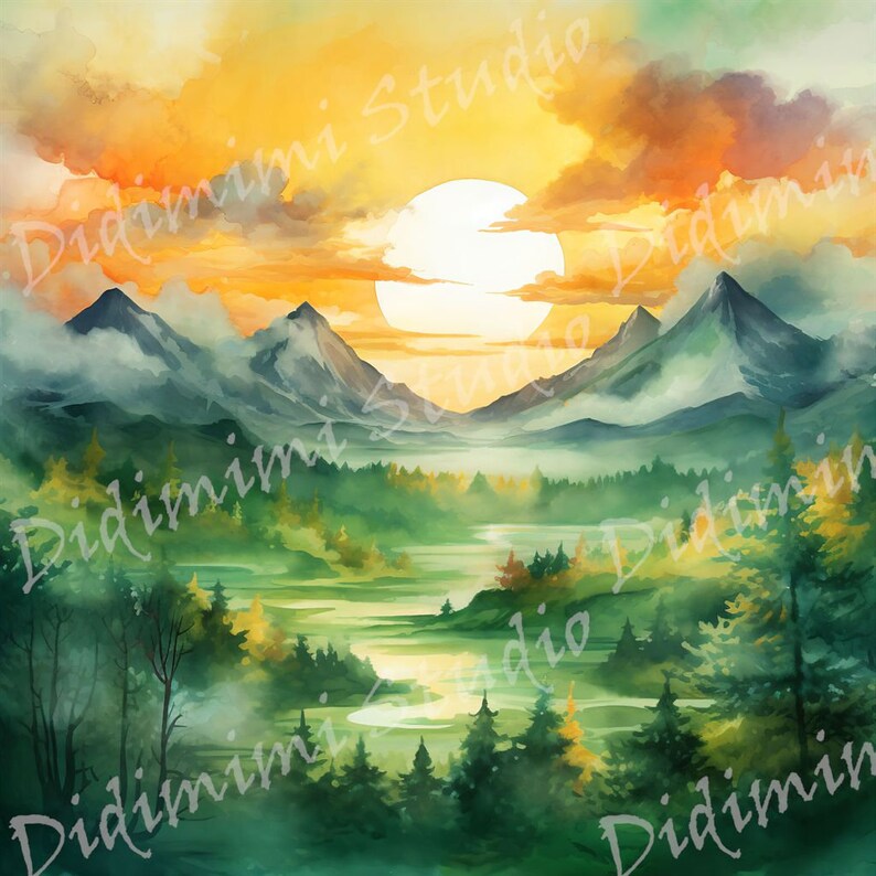 Pode incluir: Uma pintura a aquarela de uma paisagem montanhosa com um sol amarelo brilhante se pondo atr&aacute;s dos picos. As montanhas s&atilde;o de um suave azul esverdeado, e o c&eacute;u &eacute; uma mistura de laranja, amarelo e rosa. O primeiro plano &eacute; uma floresta verdejante exuberante com um rio sinuoso.