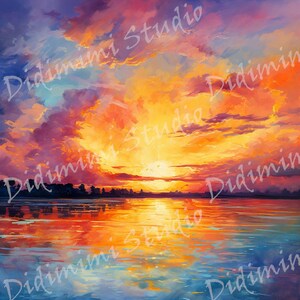 Pode incluir: Um p&ocirc;r do sol vibrante sobre um lago tranquilo, com um c&eacute;u laranja ardente e nuvens que se refletem na &aacute;gua. O sol se p&otilde;e atr&aacute;s de uma linha de &aacute;rvores no horizonte.